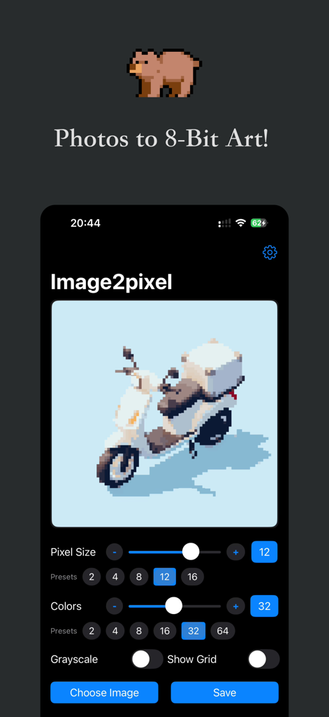 Image2pixel - Image2pixel app interface showing a pixelated white scooter with customization tools for pixel size and colors