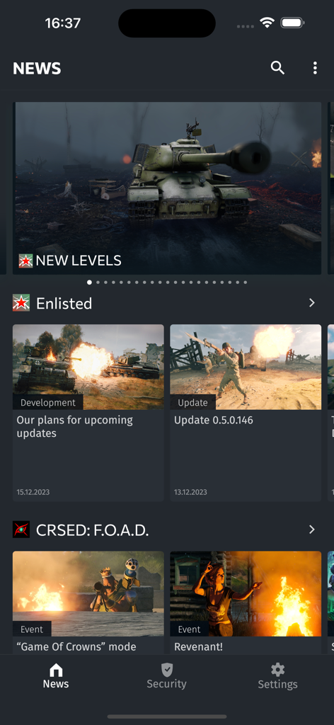 Gaijin Pass - The news section of the Gaijin Pass app showing updates for Enlisted and CRSED games