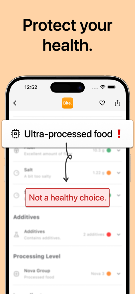 Smartphone screen displaying the Bite app identifying ultra-processed food as not a healthy choice.