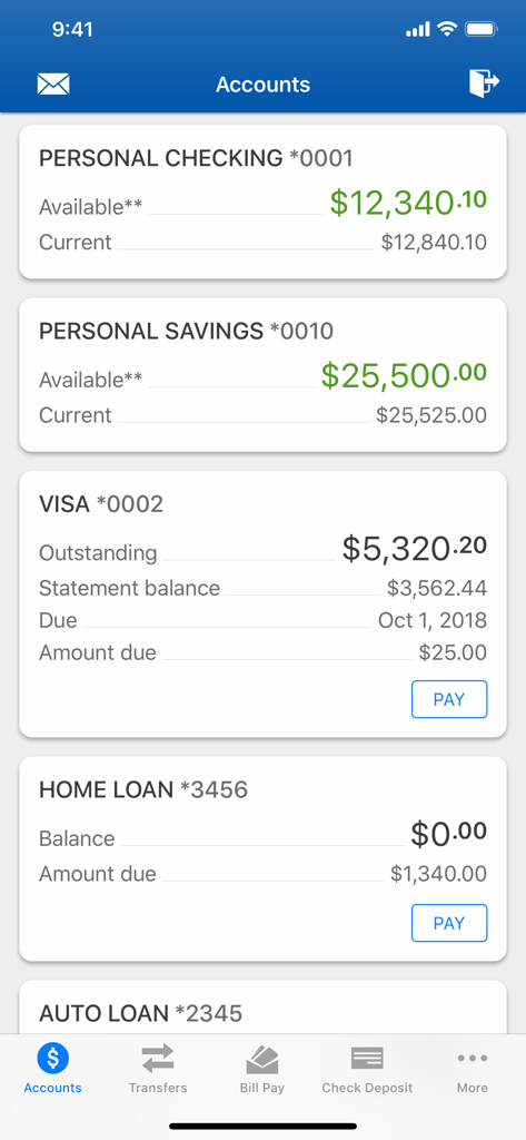 The accounts screen of the EECU mobile app showing personal checking, savings, credit card, and loan balances