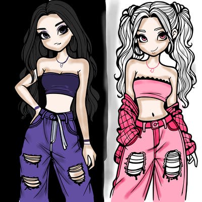 2 girls in crop tops and baggy jeans ripped