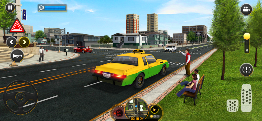 Taxi Driver 3D - Jugabilidad de Taxi Driver 3D que muestra un taxi amarillo en una ciudad con pasajeros en la acera