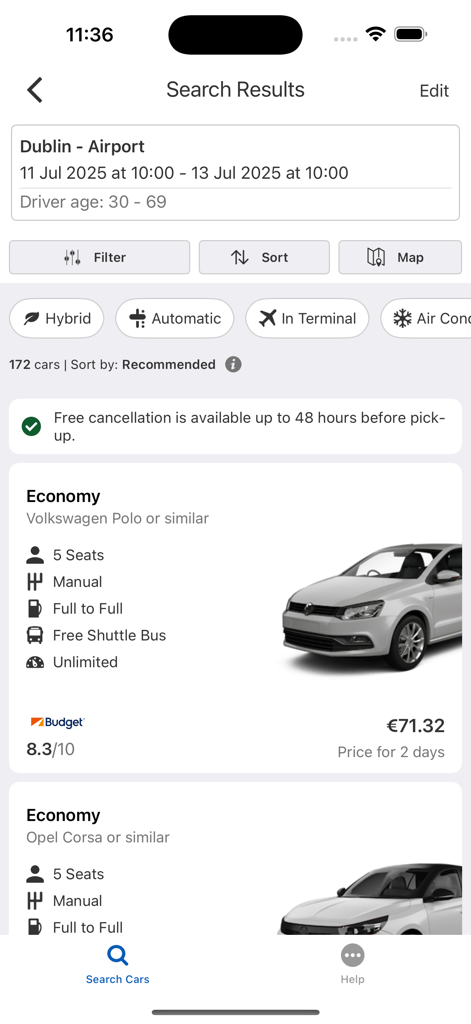 Argus Car Hire - Page des résultats de recherche de location de voitures à l'aéroport de Dublin dans l'application mobile Argus Car Hire.