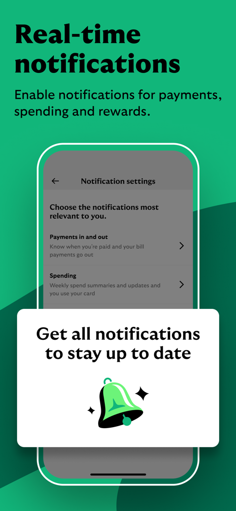 Schermata dell'app Lloyds Mobile Banking che mostra le impostazioni di notifica in tempo reale per pagamenti e spese