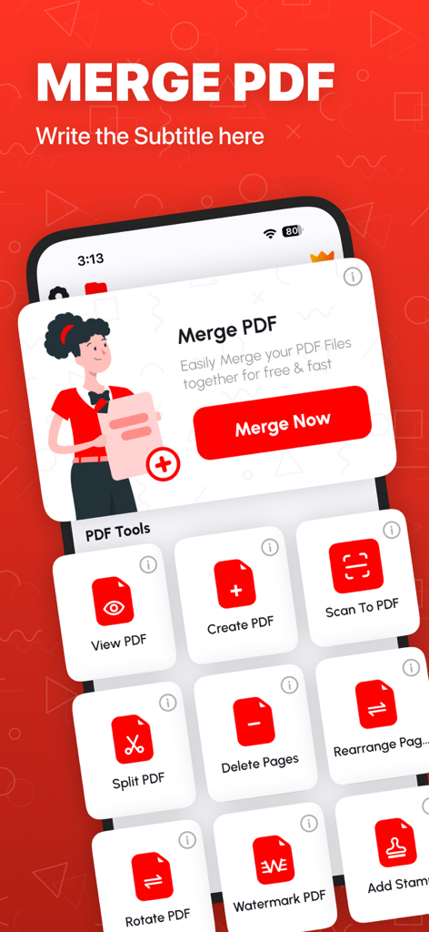 様々なドキュメント管理ツールが表示されたMerge PDFアプリのインターフェイスを示すiPhone画面