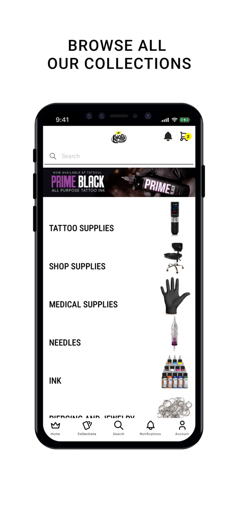 Mobile app screen for Kingpin Tattoo Supply showing a list of product collections including tattoo supplies shop supplies medical supplies needles and ink