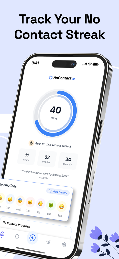 No Contact Tracker: Breakup AI - 40일 연속 기록과 감정 기분 로그를 보여주는 No Contact Tracker 앱 인터페이스