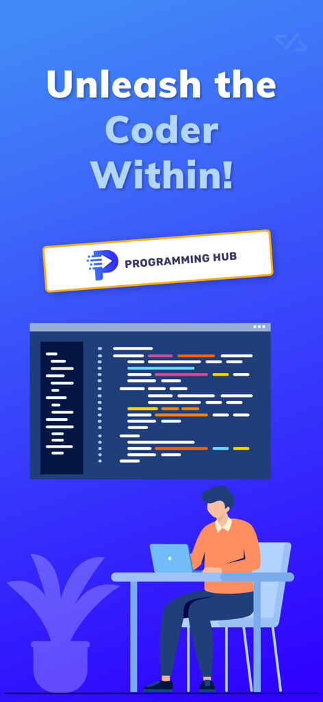 Programming Hub: Learn Coding - Una persona programando en una computadora portátil con el eslogan Despierta al programador que llevas dentro para la aplicación Programming Hub.