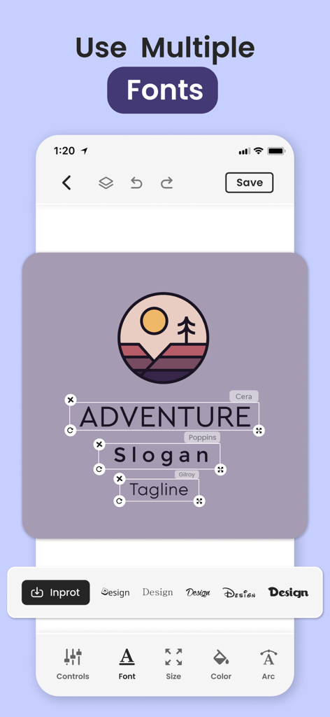 Logo Maker Shop - Creator ۬ - Interfaz de la app Logo Maker Shop mostrando la función de múltiples fuentes para crear un logo personalizado.