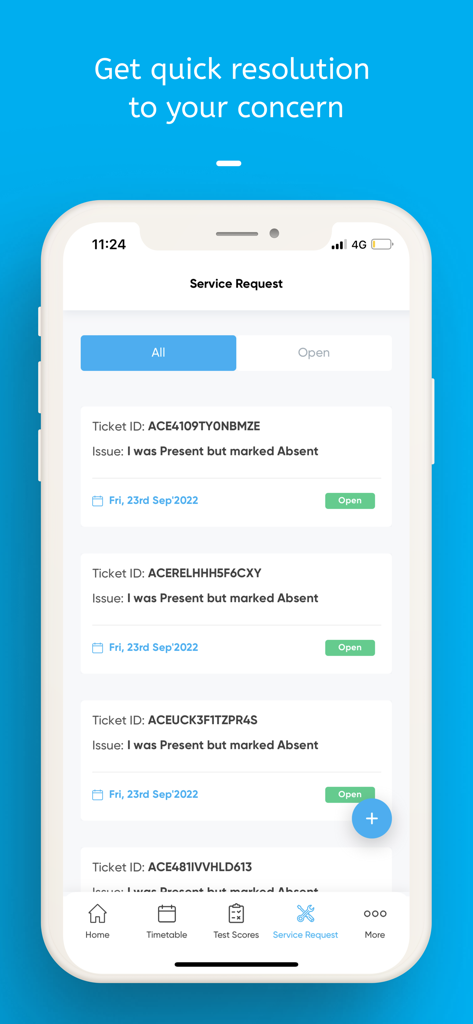 myAakash - Mobile interface of the myAakash app showing a list of student service request tickets