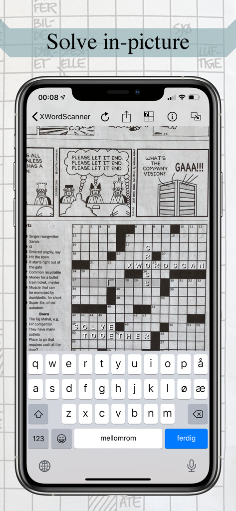 A smartphone interface showing a scanned newspaper crossword puzzle being solved using a digital keyboard.