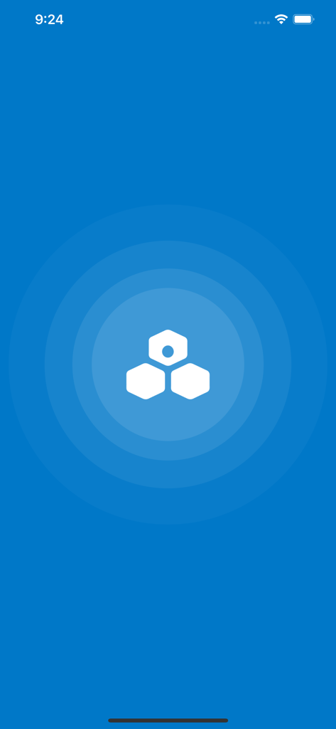 Colmena mobile app splash screen with hexagonal logo on blue background