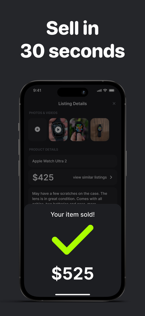 525달러에 판매된 Apple Watch Ultra 2에 대한 Hero 앱의 성공적인 판매 알림 화면
