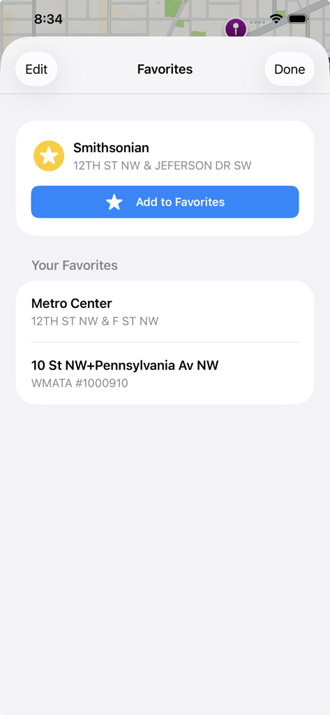DC Next Bus - The Favorites screen of the DC Next Bus app displaying saved WMATA and Metro stops for quick access