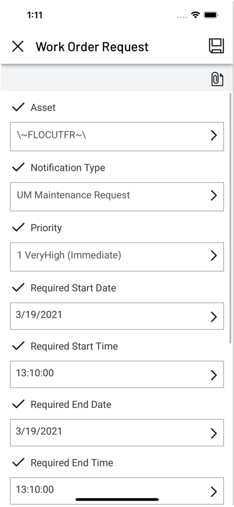 Tela de Solicitação de Ordem de Serviço no aplicativo Operador Móvel 2020 mostrando campos de prioridade e agendamento.