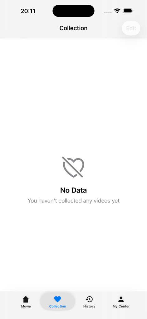 Empty movie collection screen in the Cintraily app showing a no data message