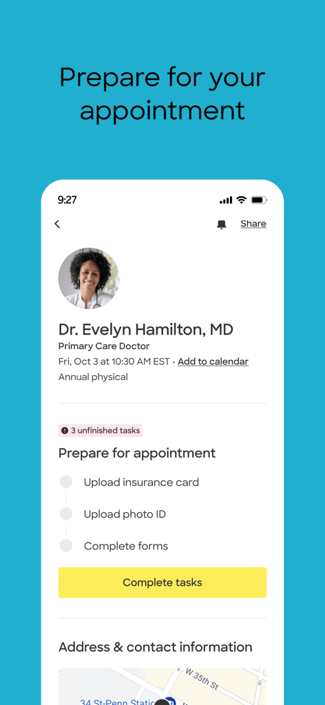 Zocdoc - Find and book doctors - Zocdoc app screen showing a checklist to upload insurance cards and photo ID before a medical appointment