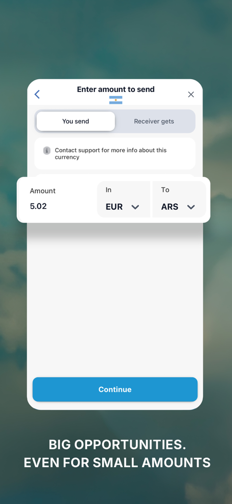 Sendvalu app interface for entering international money transfer amount from Euro to Argentine Peso.