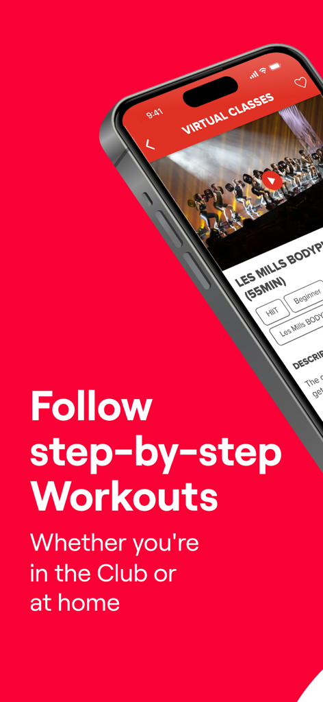 GoodLife Fitness App virtuelle Kurse-Oberfläche zeigt Les Mills BodyPump Workout-Video