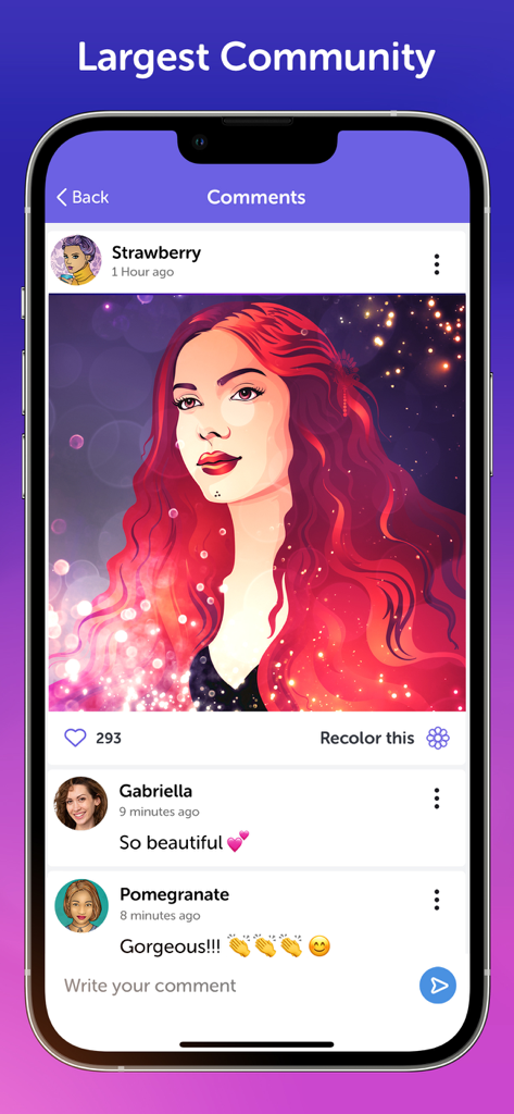 User community and comments section in the Recolor adult coloring app showing a finished artwork with likes and social interaction