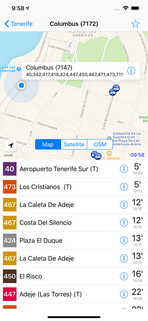 Carte et tableau de départ montrant les horaires d'arrivée des bus en temps réel à Tenerife