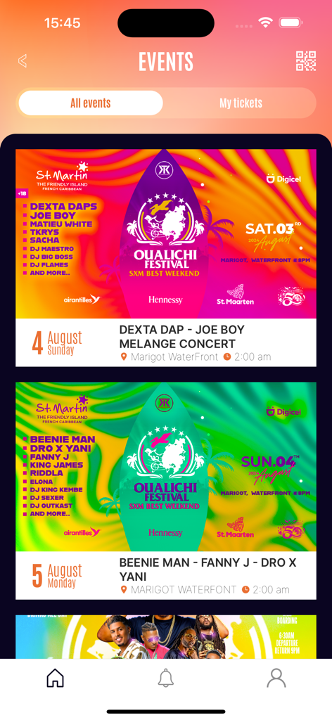 Kband - Pantalla de eventos de la aplicación Kband que muestra entradas y horarios de festivales de música caribeña en Saint Martin