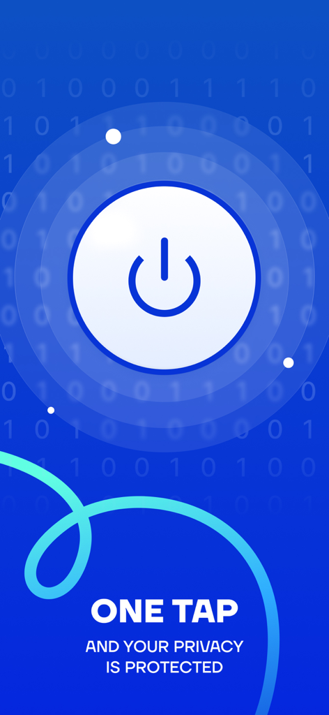 Interface do aplicativo móvel SplitVPN mostrando um grande ícone de botão de energia com o texto Um toque e sua privacidade está protegida.