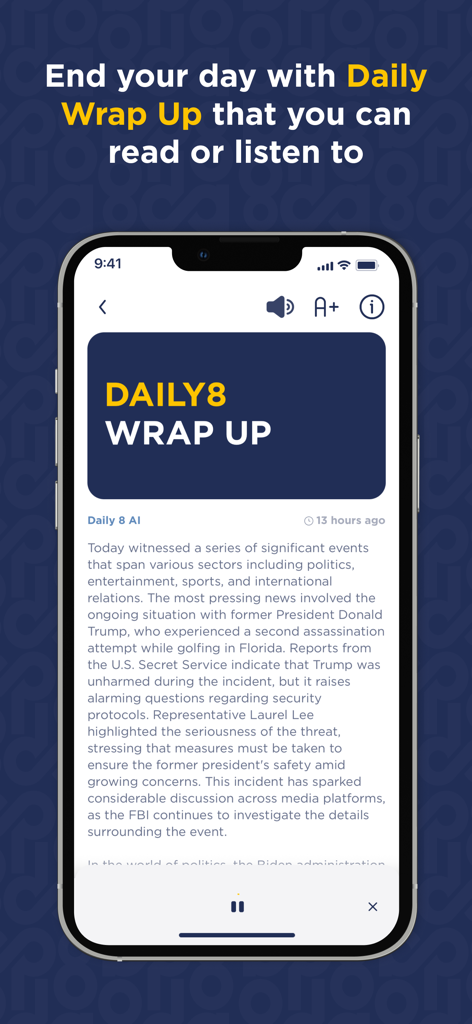 Daily8 app screen showing a daily news wrap up summary with text and audio playback options