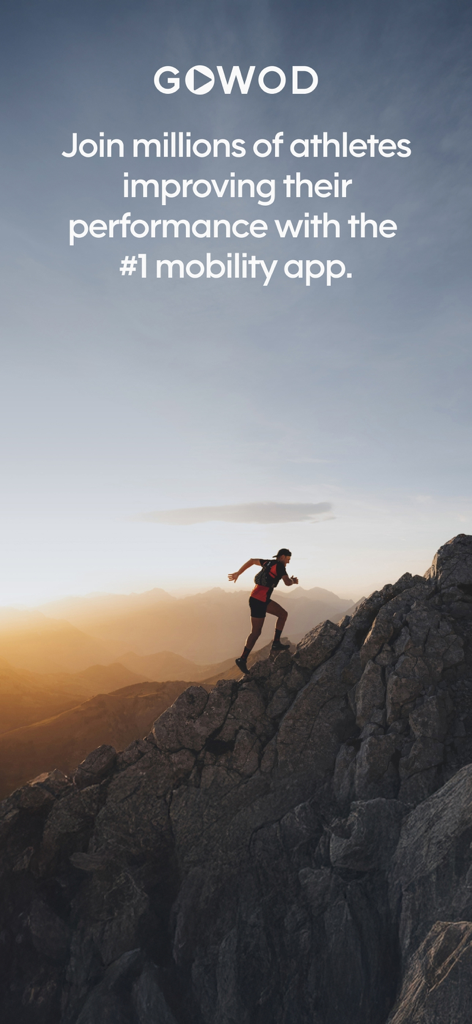 GOWOD – Mobility & Stretching - GOWOD 로고와 퍼포먼스 향상 텍스트와 함께 해질녘 바위 능선을 달리는 운동선수.