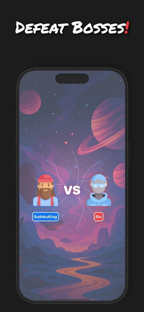 Sudoku Multiplayer Puzzles - Schermata di battaglia boss competitiva nell'app Sudoku Slash che mostra due avatar di giocatori in un match contro uno sfondo galattico.
