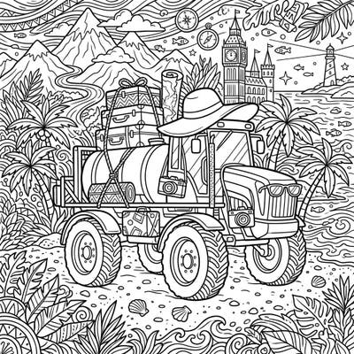 Get ready for an unexpected journey as a field sprayer trades the farm for a fantastic vacation! This intricate coloring page invites you to explore a world filled with travel essentials and iconic destinations.
