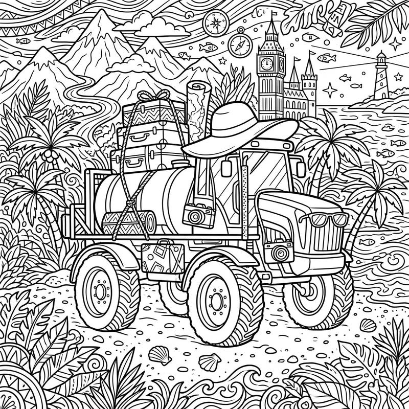 Get ready for an unexpected journey as a field sprayer trades the farm for a fantastic vacation! This intricate coloring page invites you to explore a world filled with travel essentials and iconic destinations.
