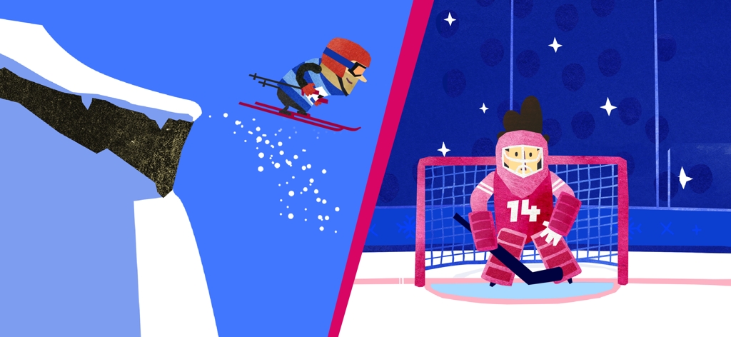Split screen showing Fiete ski jumping and a character playing ice hockey goalie
