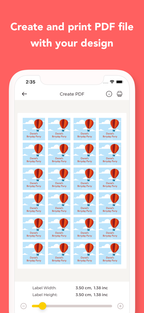 Labelr: Label & Sticker Maker - Interface of Labelr app showing a grid of custom birthday stickers with hot air balloons ready for PDF printing.