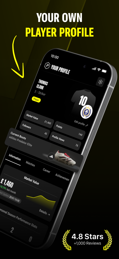 Prematch: Real Football - Prematchアプリのパーソナライズされたサッカー選手プロフィール。市場価値とパフォーマンススタッツを表示。