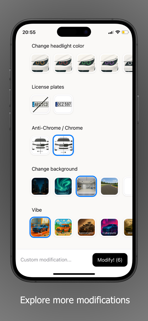 CarMod AI Mobile-Oberfläche mit einem Menü zum Ändern von Scheinwerferfarben, Nummernschildern, Hintergründen und künstlerischen Stilen des Autos.