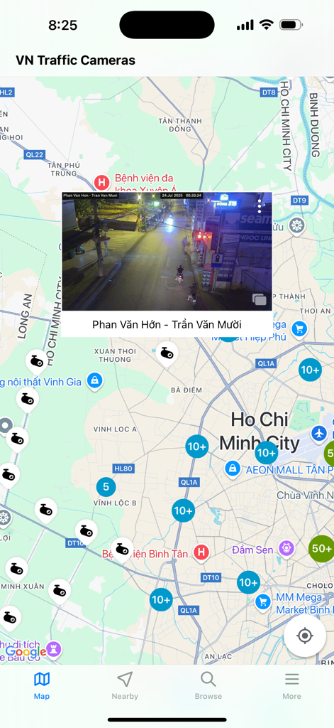VN Traffic Cameras - A screenshot of the VN Traffic Cameras app showing a map of Ho Chi Minh City with multiple camera locations and a live street view feed