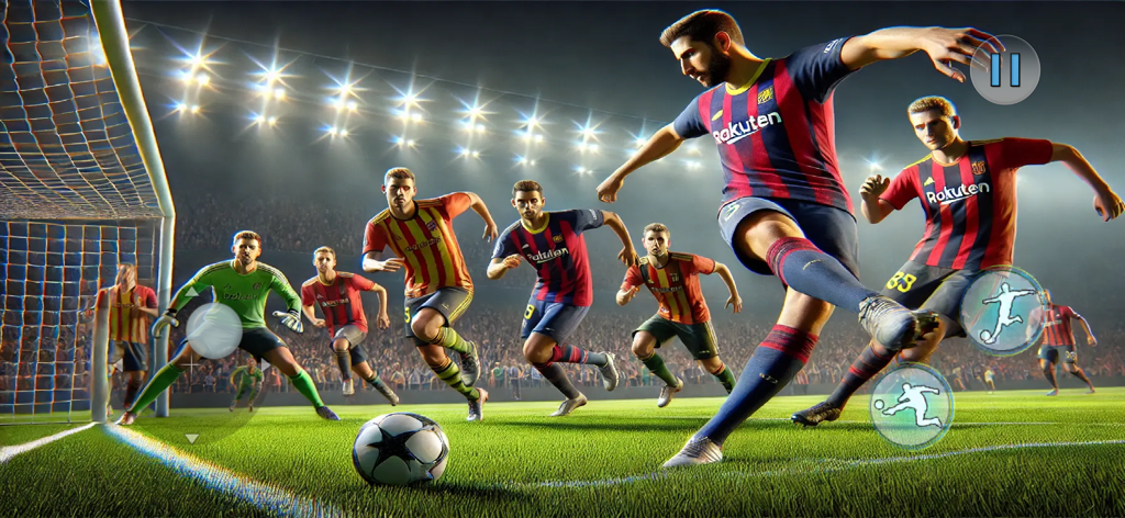 Real Football Soccer Star 2025 - A soccer player kicks a ball towards the goal in a crowded stadium