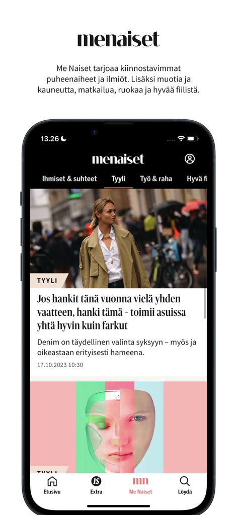 Aplicación Ilta-Sanomat mostrando noticias de estilo de vida y moda de Me Naiset.