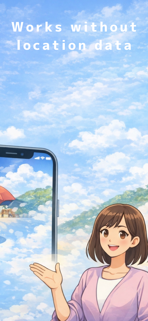 Anime woman highlighting the Weather Outfit Guide feature that works without location data