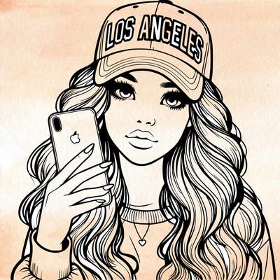 realistic beautiful girl wearing los ángeles cap holding an iphone