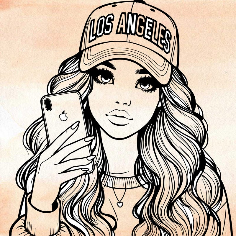 realistic beautiful girl wearing los ángeles cap holding an iphone