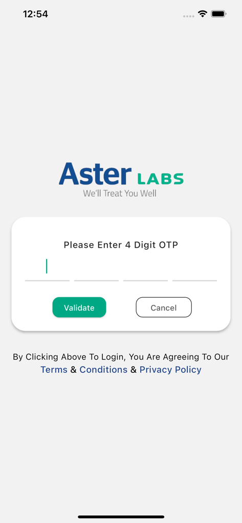 Aster Labs app login screen asking for a 4-digit OTP verification code.