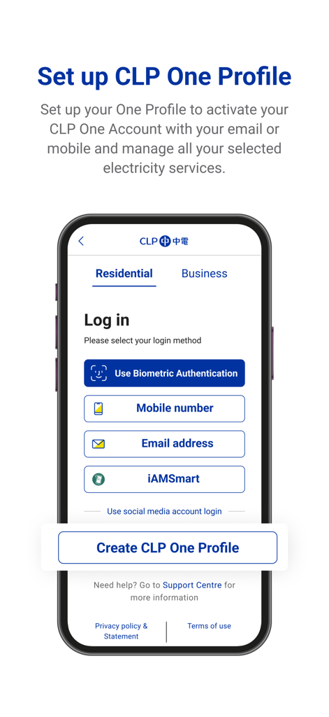 CLP HK - Anmeldebildschirm der mobilen CLP HK App mit Optionen zur Einrichtung eines One-Profils für Stromdienste