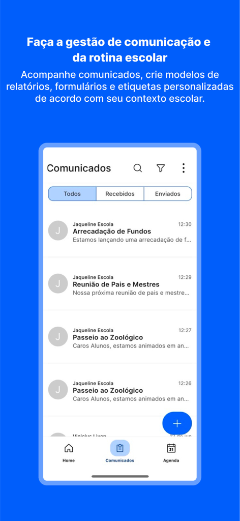 Interfaz de la aplicación móvil P plus que muestra una lista de anuncios y comunicaciones escolares
