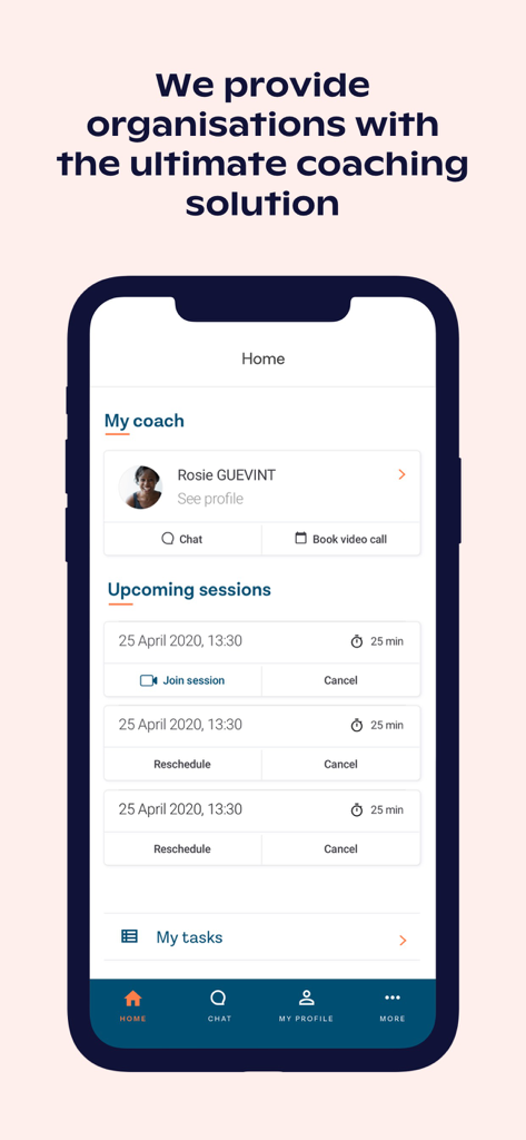 Sama Coach: Sama for coaches - Sama Coach app dashboard showing upcoming sessions and coach profile details