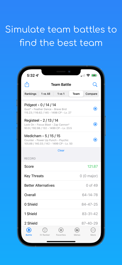 PVP IV - PVP IV app interface showing a Pokemon GO team battle simulation with performance scores and shield scenario rankings