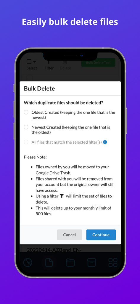 Interface of the Filerev bulk delete tool for managing Google Drive storage and duplicate files.