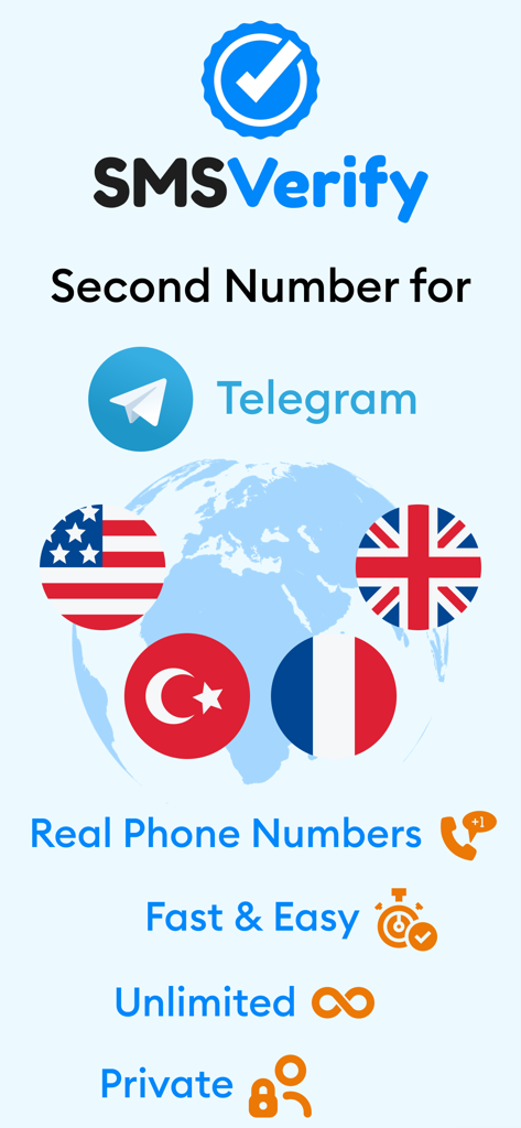 SMSVerify promotional screen showing virtual second phone number for Telegram with global coverage