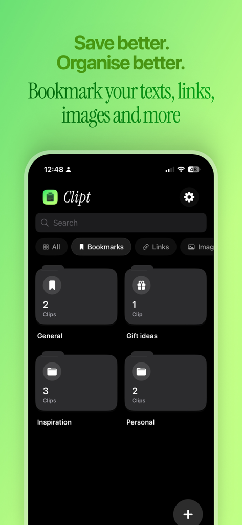 Clipt - Clipboard History - Interfaccia dell'app mobile Clipt che mostra gli appunti organizzati in cartelle categorizzate come Ispirazione e Personale